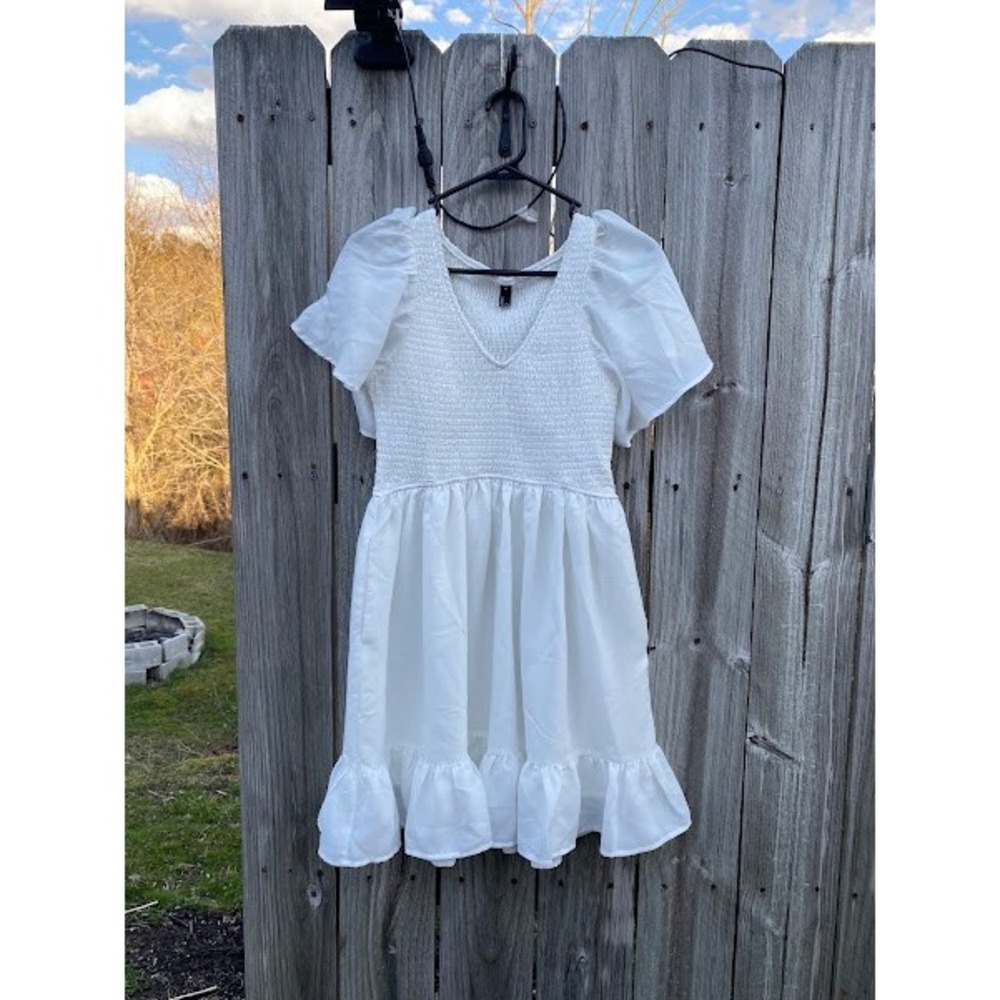 Lilly White Smocked Puff Sleeve Mini Dress White V-Neck Ruffle Hem LS1031 S